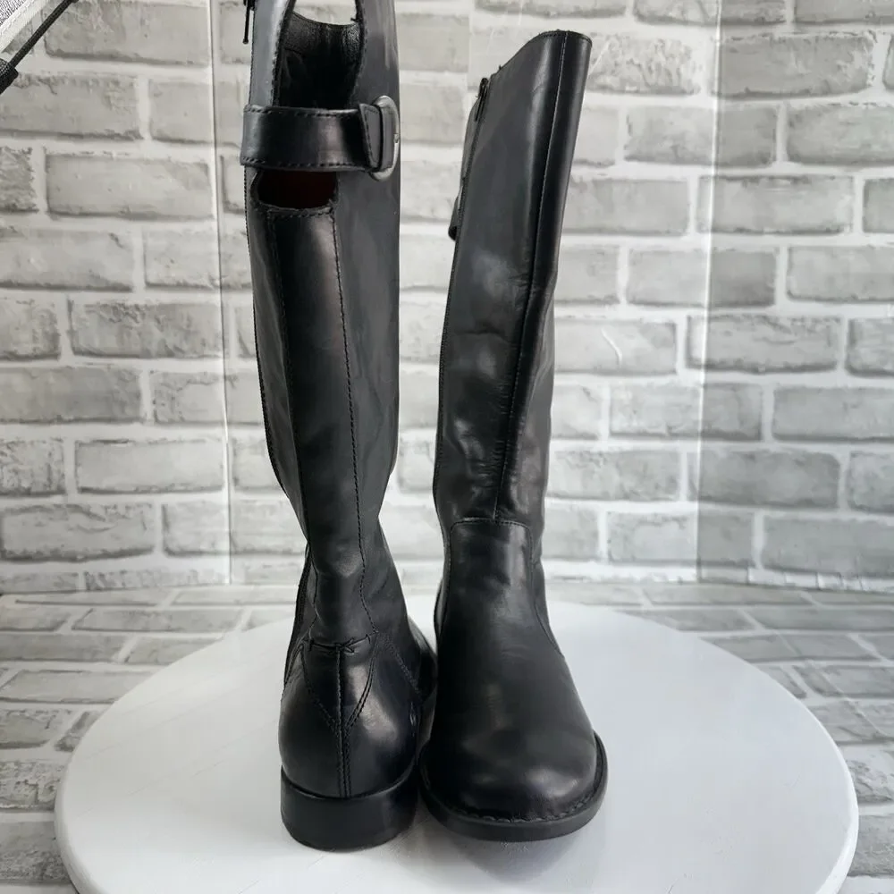 BORN Women's Size 7.5 Black Leather Knee High Side Zip Buckle Boots